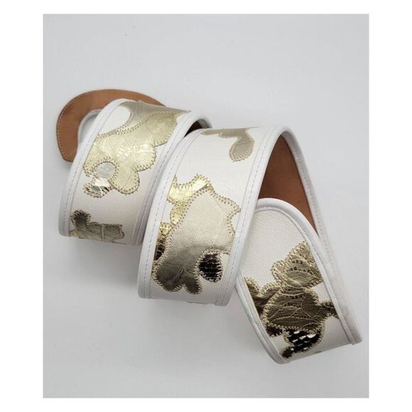 Vintage 1980's Carlos Falchi White and Gold Statement Wide Leather  Belt - Picture 2 of 6